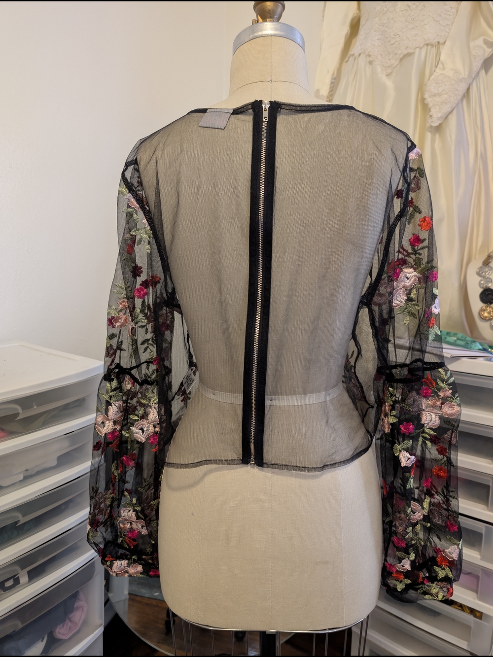 Sheer Black Embroidered Floral Blouse - Whimsigoth Bohemian Long Sleeve Top - Picture 4 of 5